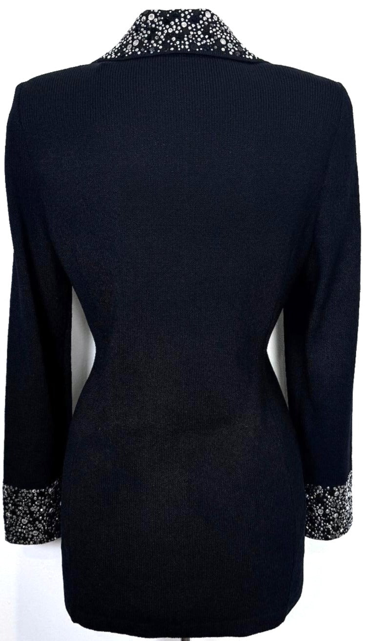 St. John Black Santana Knit Long Evening Jacket – Crystal Button & Paillette Accents - Size 2 and 10