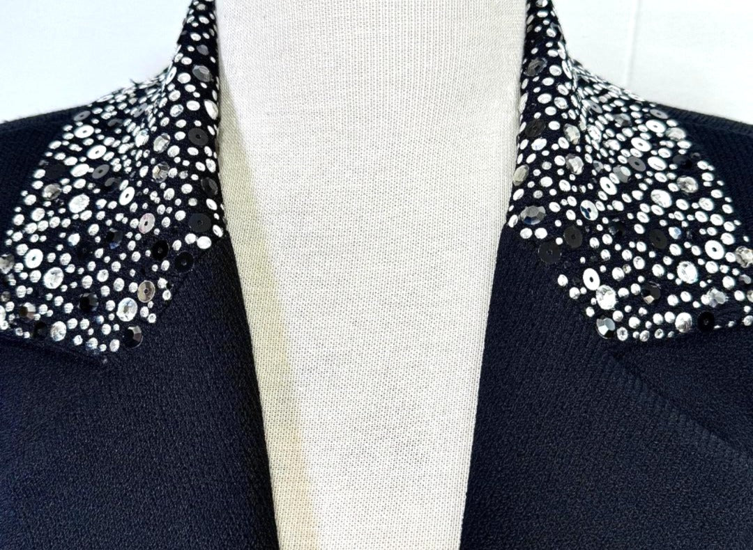 St. John Black Santana Knit Long Evening Jacket – Crystal Button & Paillette Accents - Size 2 and 10
