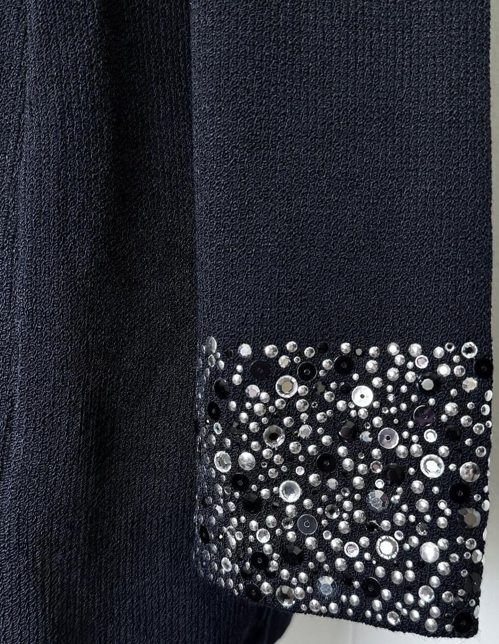 St. John Black Santana Knit Long Evening Jacket – Crystal Button & Paillette Accents - Size 2 and 10