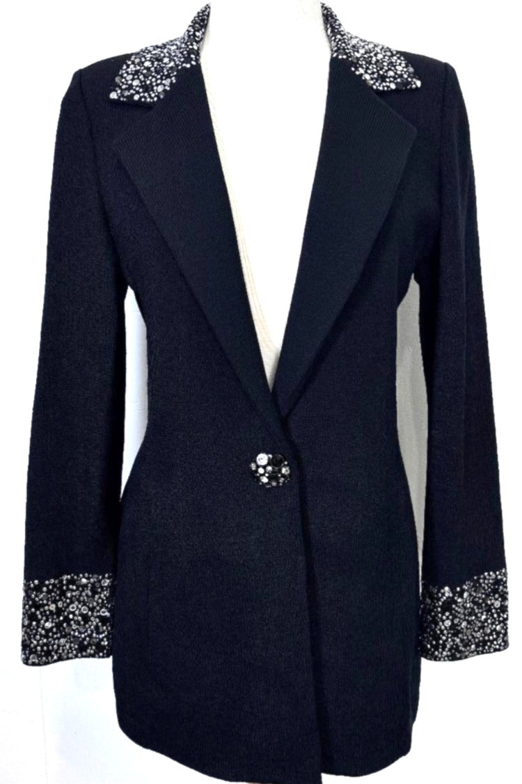 St. John Black Santana Knit Long Evening Jacket – Crystal Button & Paillette Accents - Size 2 and 10