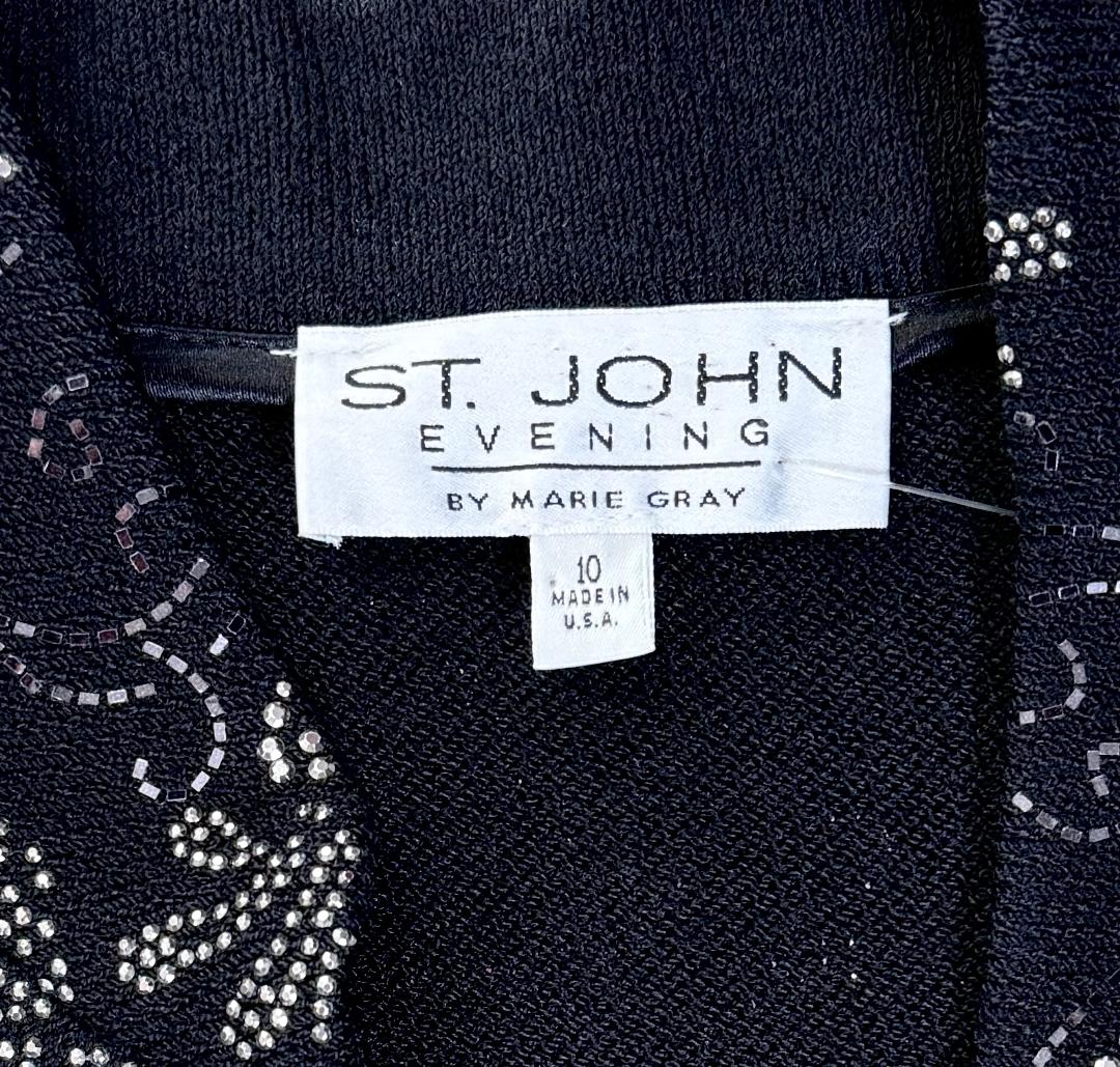 St. John Black Santana Knit Evening Jacket – Floral Design with Silver Paillettes & Crystal Zipper Pull - Size 10, 12, and 16