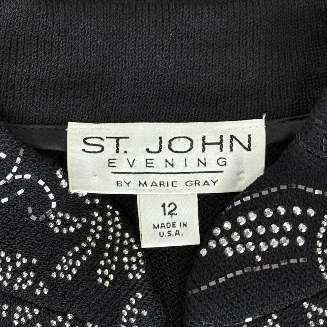 St. John Black Santana Knit Evening Jacket – Floral Design with Silver Paillettes & Crystal Zipper Pull - Size 10, 12, and 16