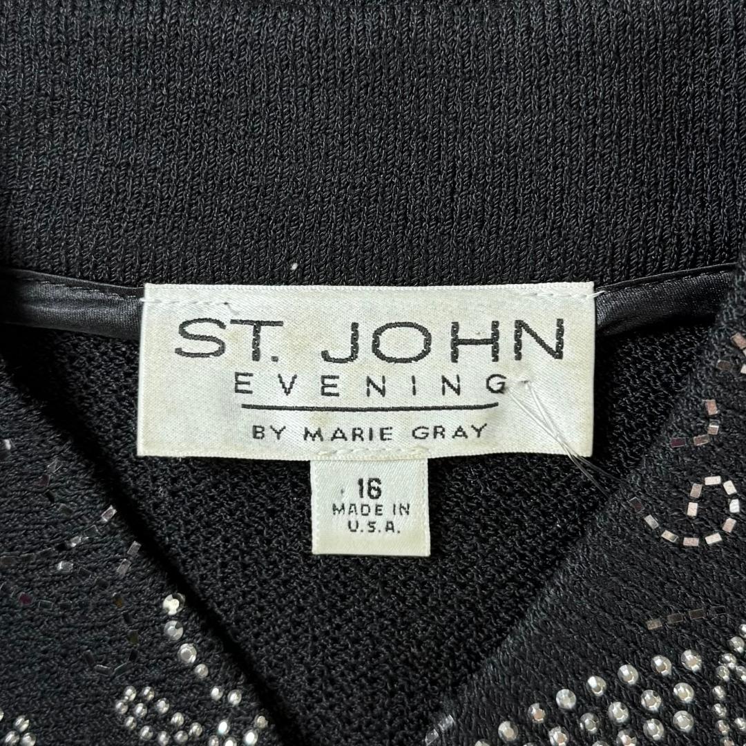 St. John Black Santana Knit Evening Jacket – Floral Design with Silver Paillettes & Crystal Zipper Pull - Size 10, 12, and 16