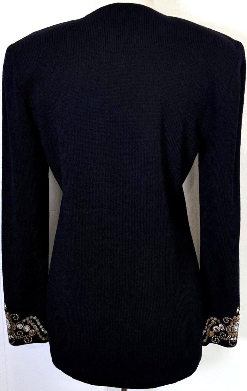 St. John Black Santana Knit Evening Jacket - Gold Paillettes & Crystal Button - Size 10