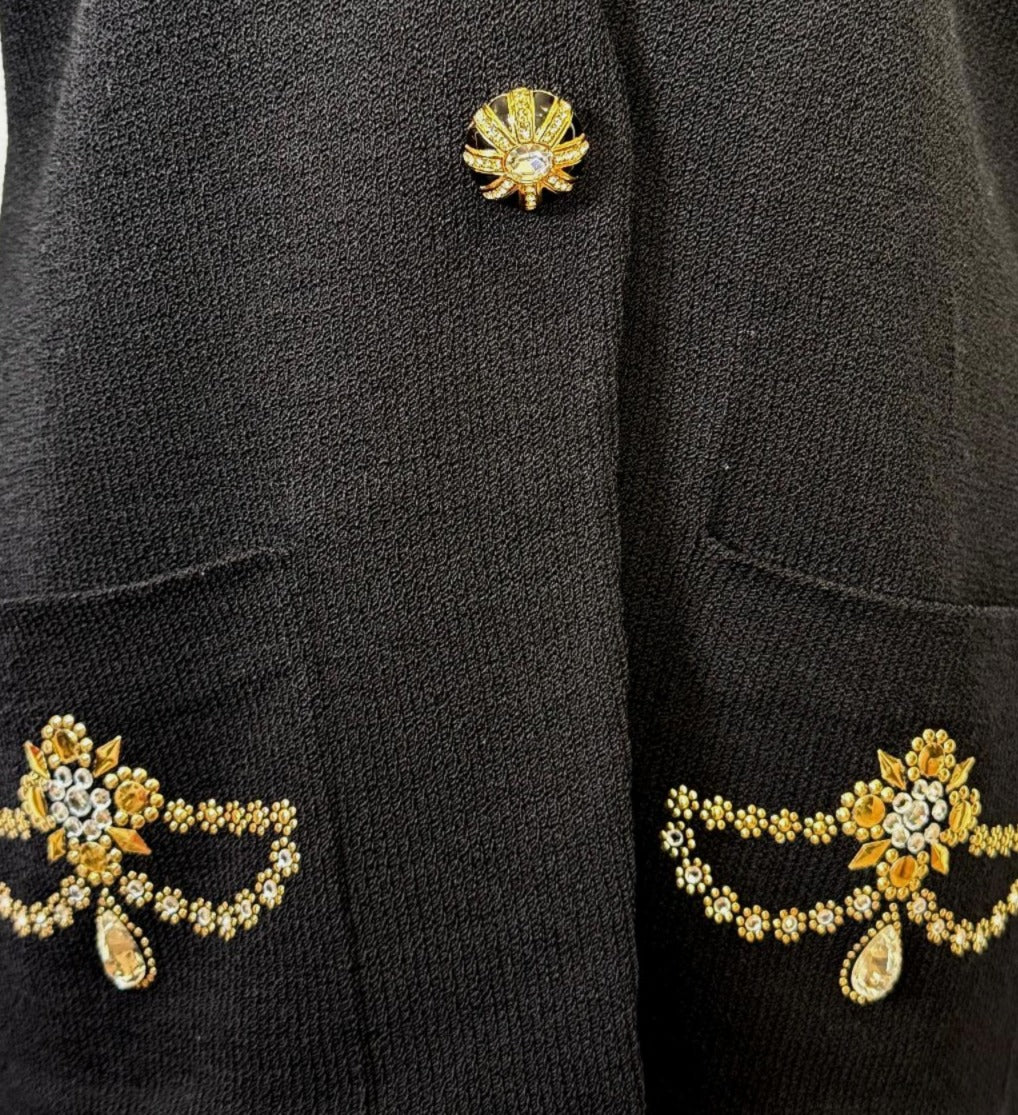 St. John Black Santana Knit Evening Jacket - Gold Paillettes & Crystal Button - Size 10