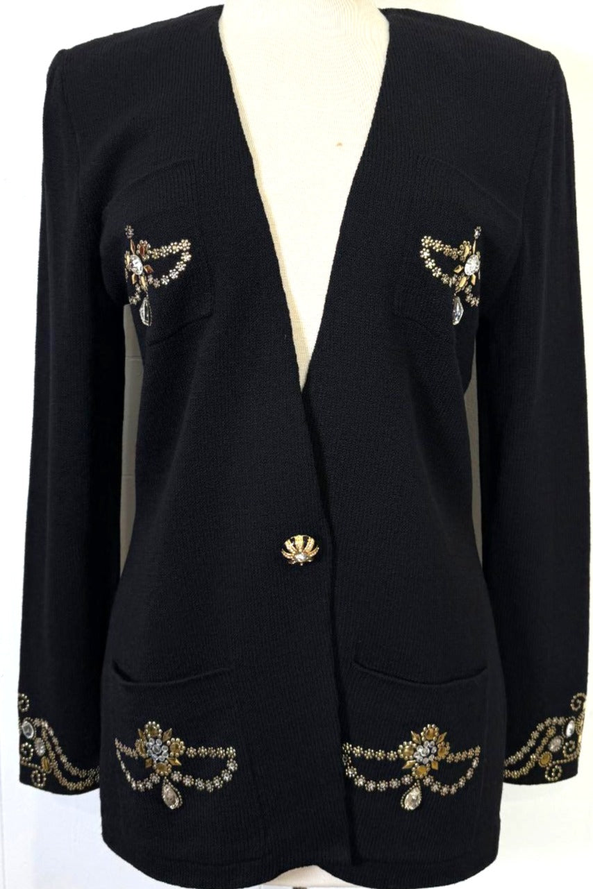 St. John Black Santana Knit Evening Jacket - Gold Paillettes & Crystal Button - Size 10