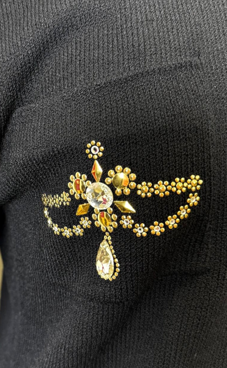 St. John Black Santana Knit Evening Jacket - Gold Paillettes & Crystal Button - Size 10