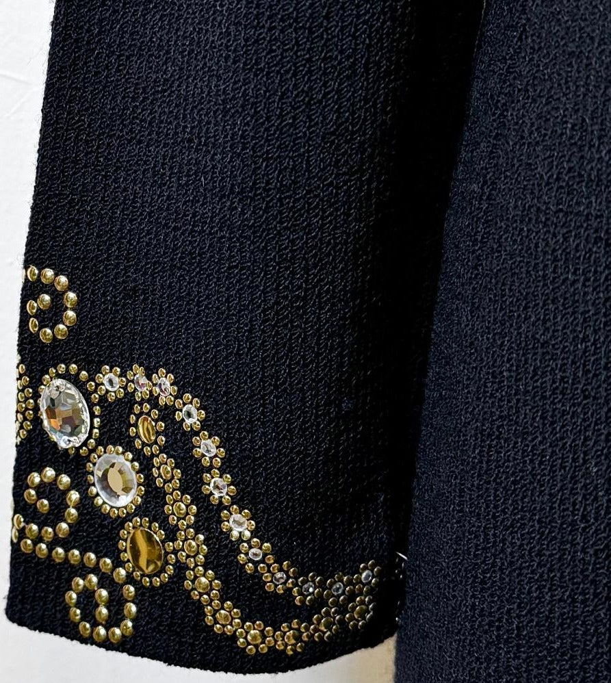 St. John Black Santana Knit Evening Jacket - Gold Paillettes & Crystal Button - Size 10