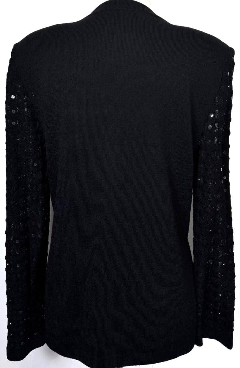 St. John Black Santana Knit Evening Jacket - Paillettes & Sequin-Trimmed Pockets - Size 6