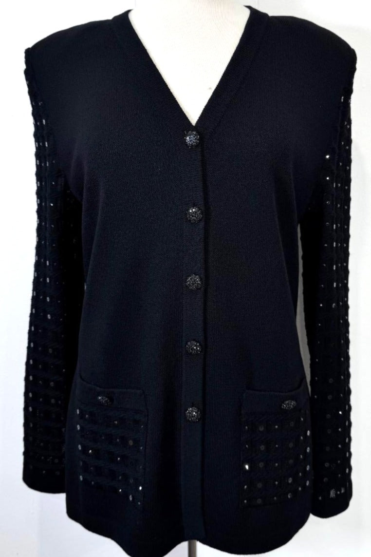 St. John Black Santana Knit Evening Jacket - Paillettes & Sequin-Trimmed Pockets - Size 6