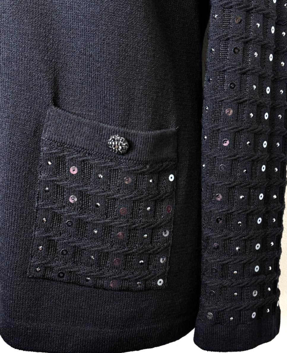 St. John Black Santana Knit Evening Jacket - Paillettes & Sequin-Trimmed Pockets - Size 6