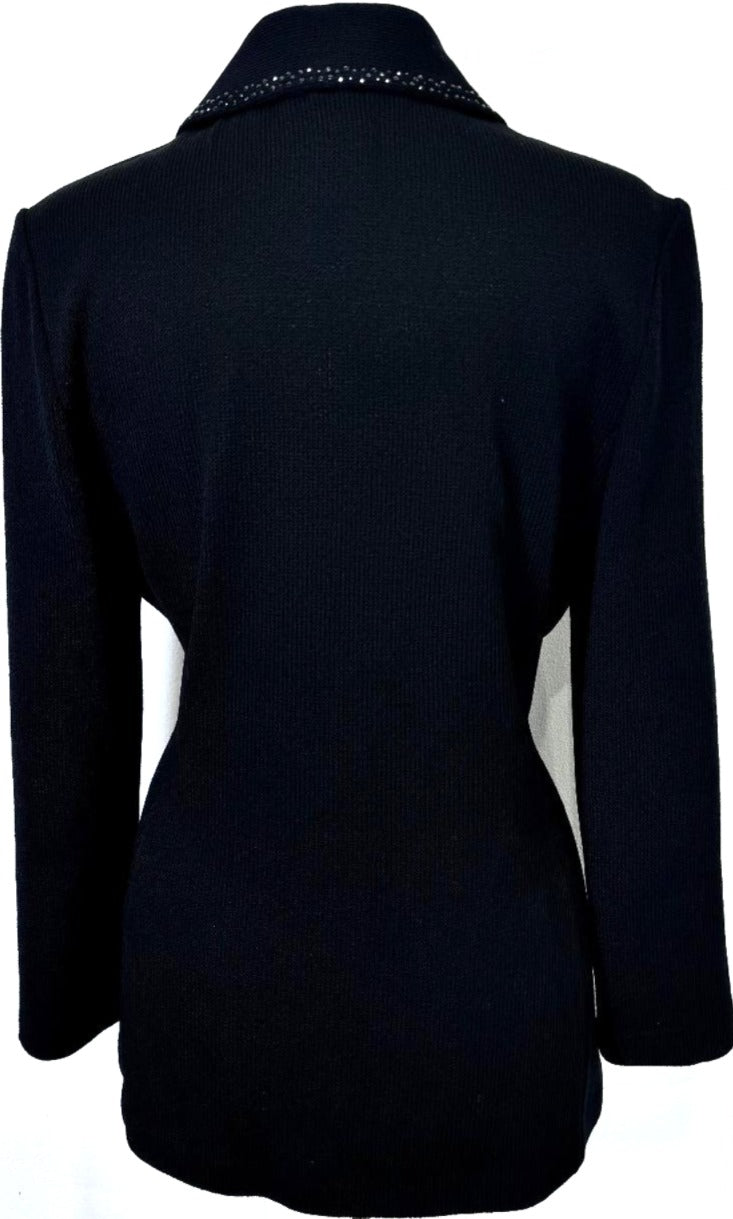 St. John Black Santana Knit Evening Jacket - Paillette Shawl Collar & Crystal Buttons - Size 10
