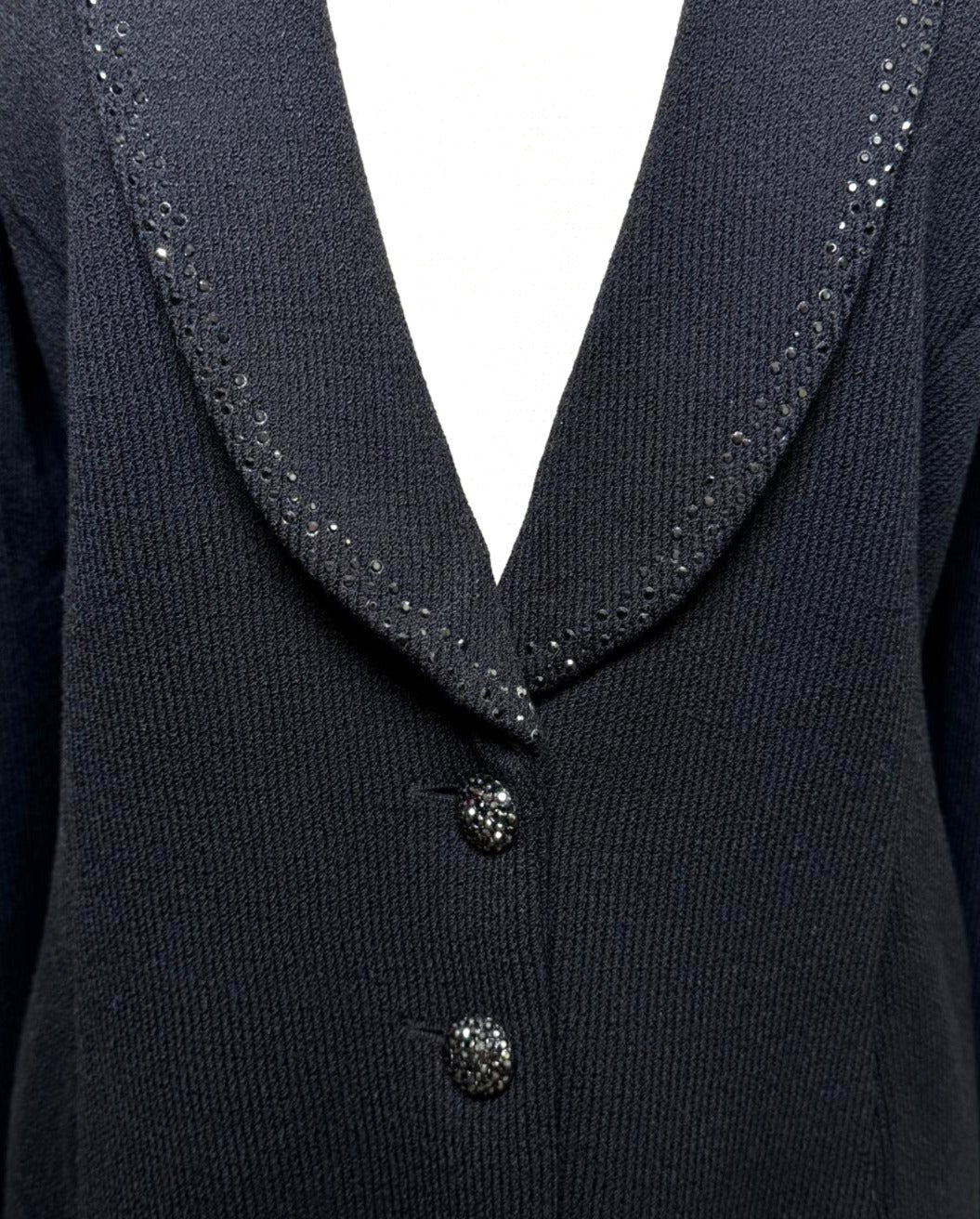 St. John Black Santana Knit Evening Jacket - Paillette Shawl Collar & Crystal Buttons - Size 10