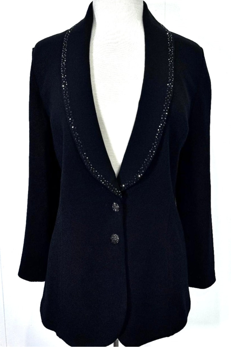 St. John Black Santana Knit Evening Jacket - Paillette Shawl Collar & Crystal Buttons - Size 10