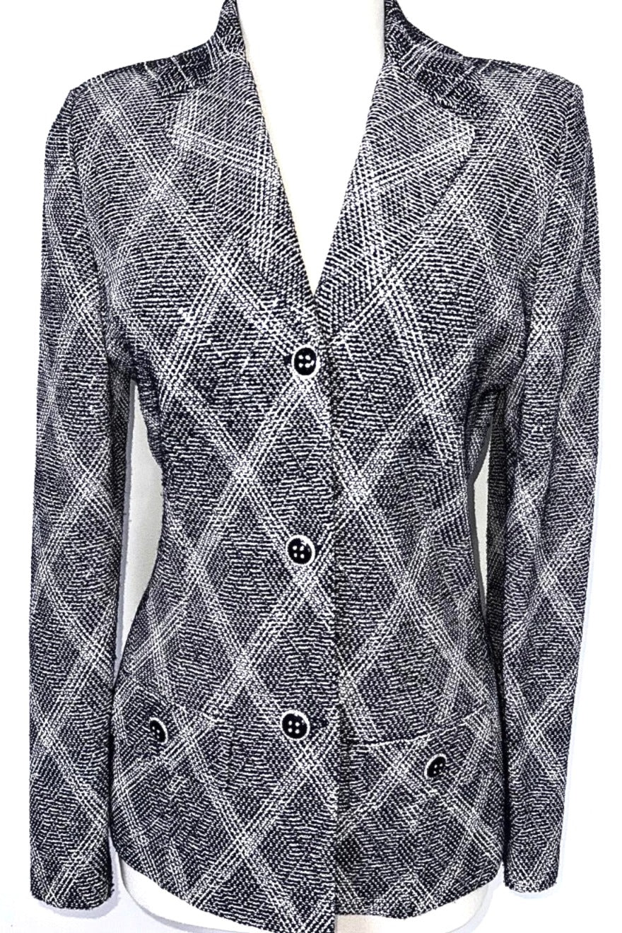 St. John Black & White Santana Knit Evening Jacket - Silver Paillettes & Crystal Buttons - Size 6