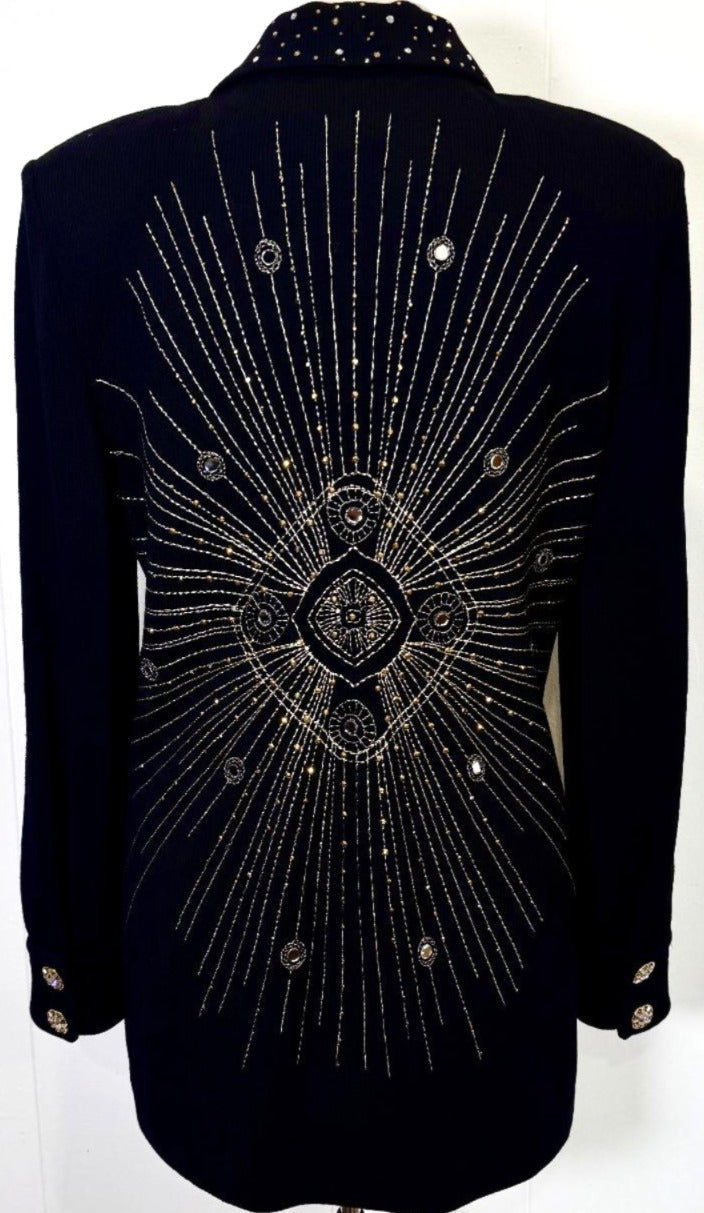 St. John Long Black Santana Knit Evening Jacket - Gold Stitching, Paillettes & Crystal Buttons - Size 10