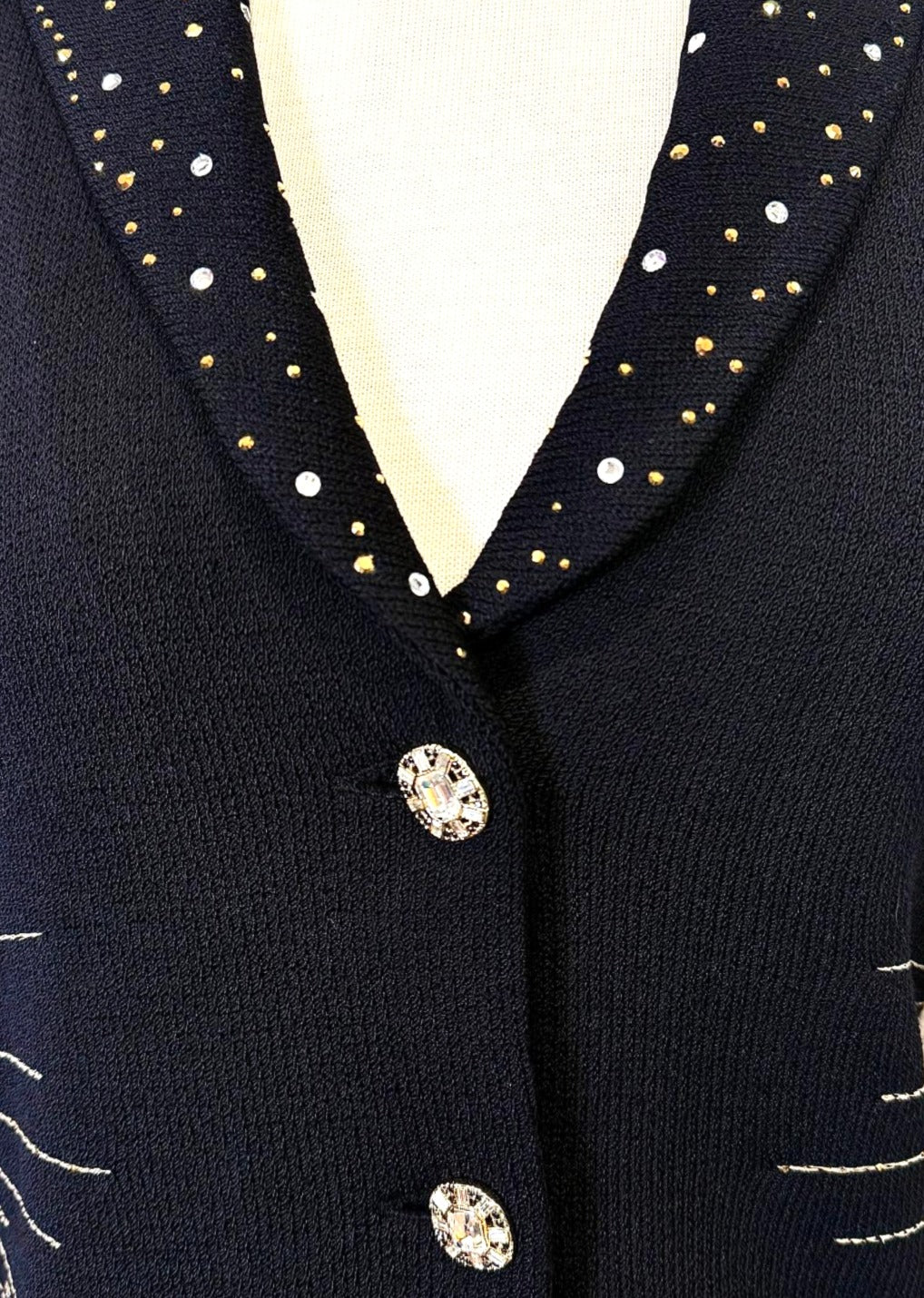 St. John Long Black Santana Knit Evening Jacket - Gold Stitching, Paillettes & Crystal Buttons - Size 10