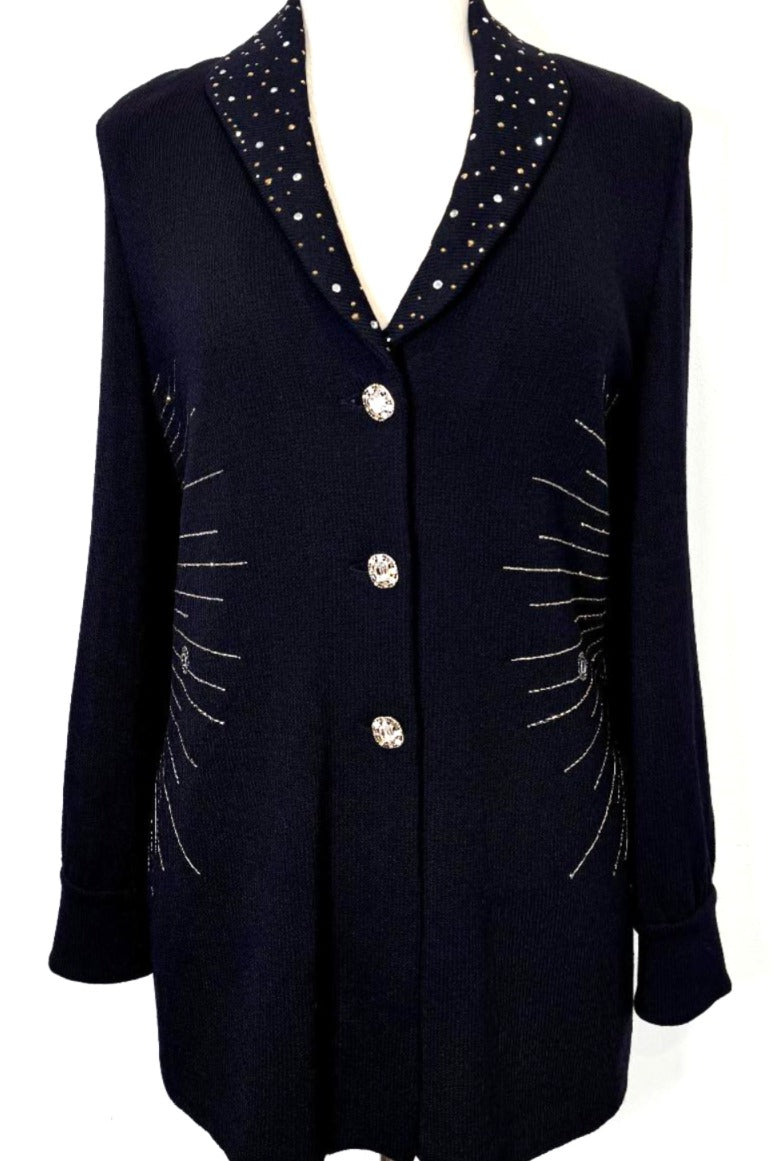 St. John Long Black Santana Knit Evening Jacket - Gold Stitching, Paillettes & Crystal Buttons - Size 10
