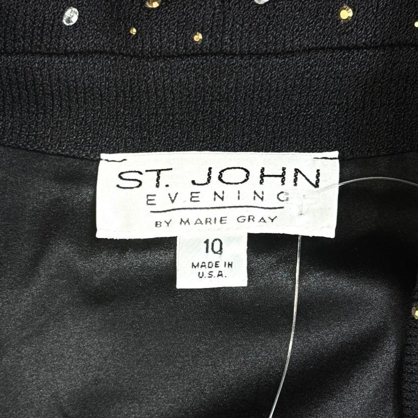 St. John Long Black Santana Knit Evening Jacket - Gold Stitching, Paillettes & Crystal Buttons - Size 10