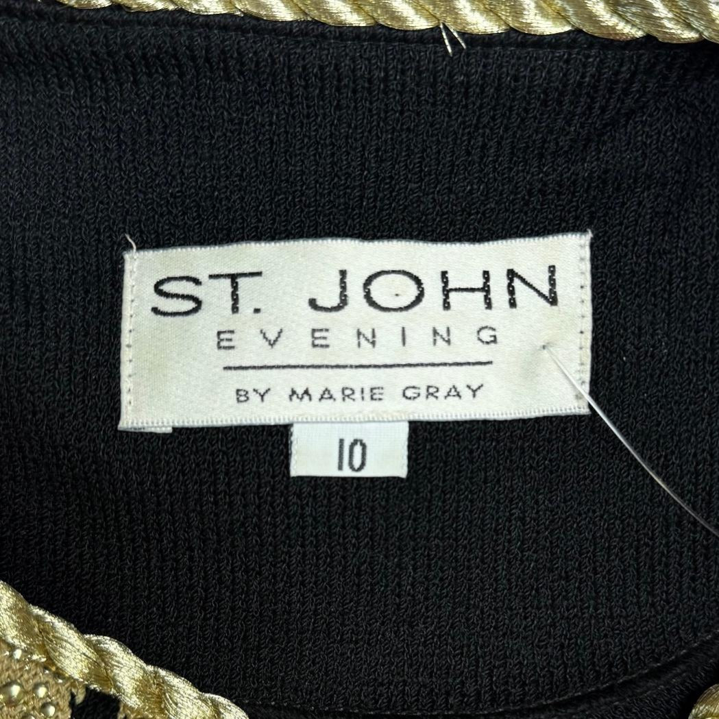 St. John Black Santana Knit Evening Jacket - Gold Leaf Motif & Paillettes - Size 8 and 14
