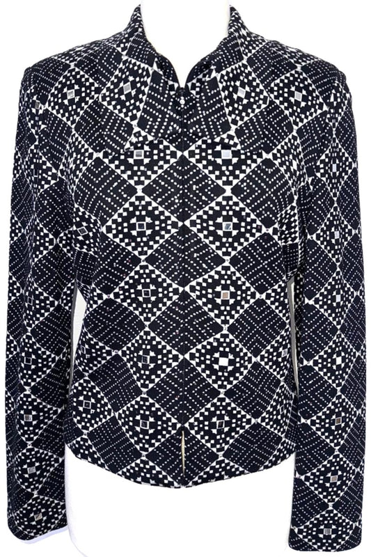 St. John Black & Silver Geometric Print Evening Jacket - Paillettes & Crystal Zipper Pull - Size 10