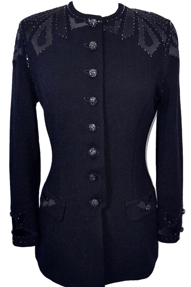 St. John Black Santana Knit Evening Jacket - Crystal Snap Embellishments - Size 8