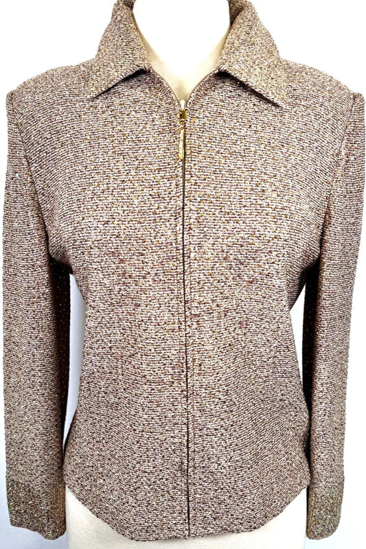 St. John Beige Santana Knit Evening Jacket - Gold & Multicolor Paillettes - Size 10