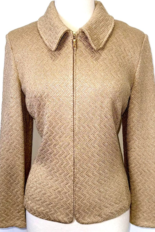 St. John Beige & Gold Textured Wool-Blend Evening Jacket - Logo Zipper Pull - Size 12