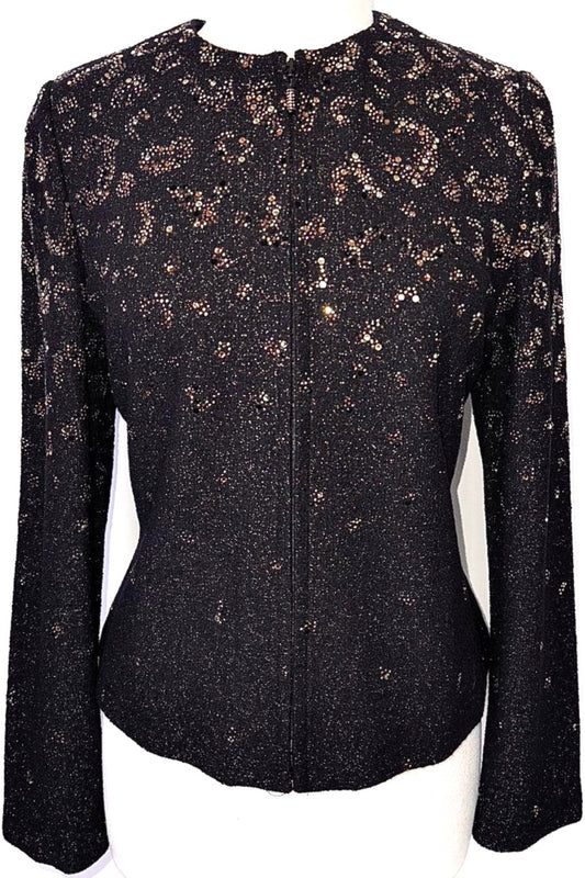 St. John Black & Gold Novelty Knit Evening Jacket - Crystal Paillettes - Size 12