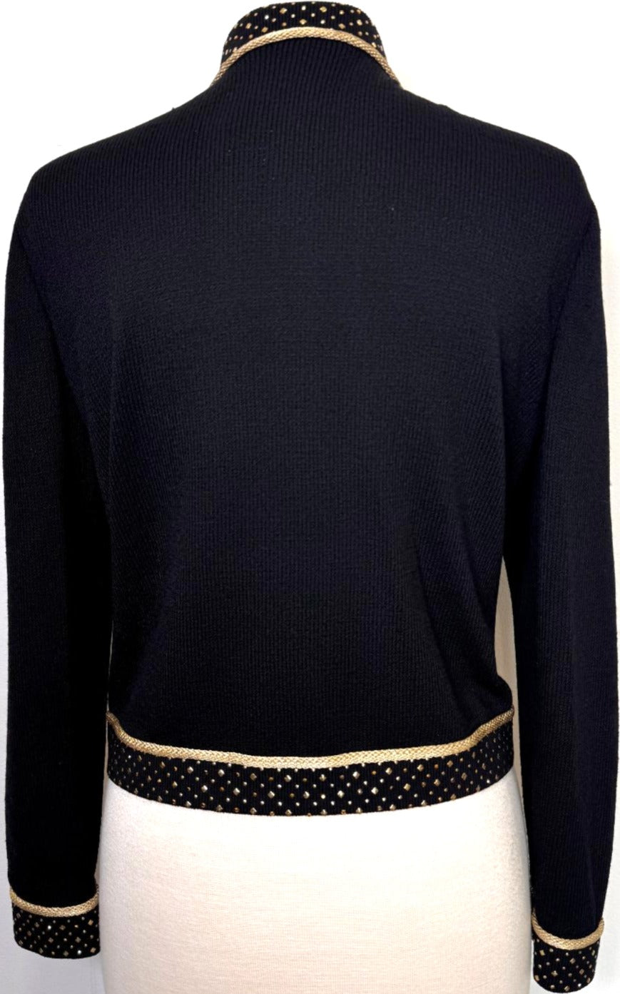St. John Black Santana Knit Jacket - Gold Trim & Paillettes - Size M