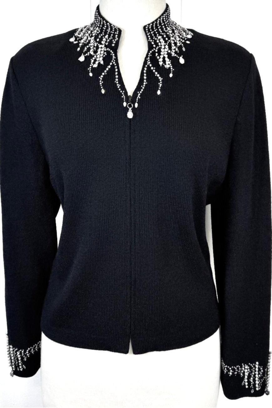 St. John Black Santana Knit Evening Jacket - Silver Crystal Paillettes & Embellishments - Size 16