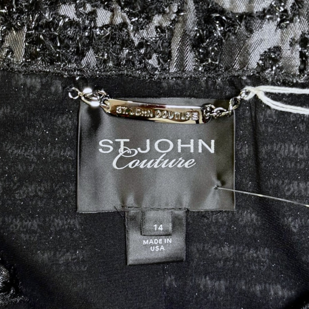 St. John Couture Black & Silver Novelty Knit Jacket - Textured Trim and Hook & Eye Closure - Size 12
