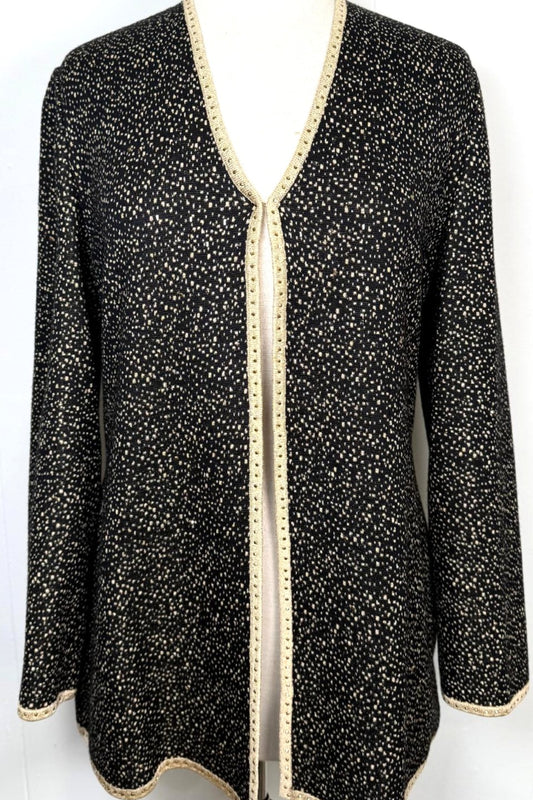 St. John Black & Gold Knit Long Evening Jacket - Paillette Trim and Hook & Eye Closure - Size 10