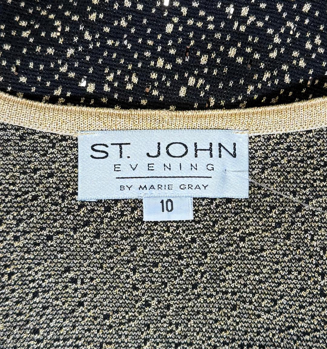 St. John Black & Gold Knit Long Evening Jacket - Paillette Trim and Hook & Eye Closure - Size 10