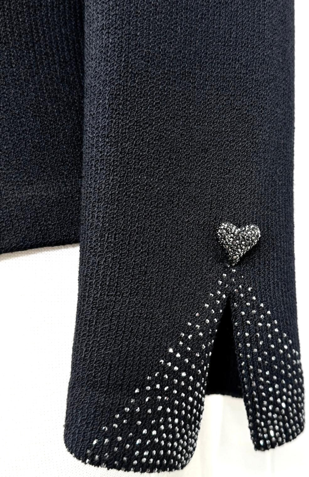 St. John Black Santana Knit Evening Jacket - Heart Buttons & Paillette Trim - Size 12 and 14