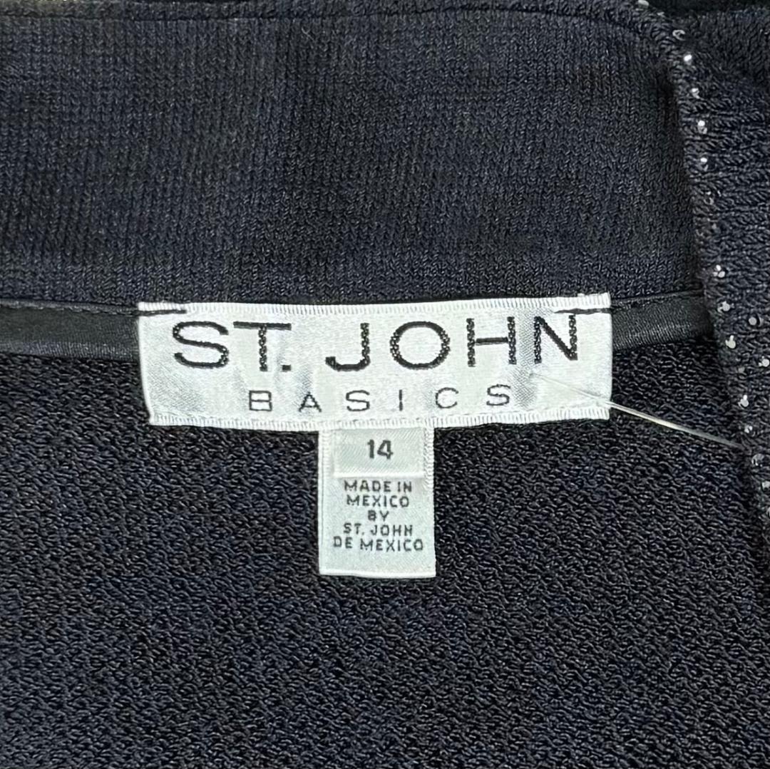 St. John Black Santana Knit Evening Jacket - Heart Buttons & Paillette Trim - Size 12 and 14
