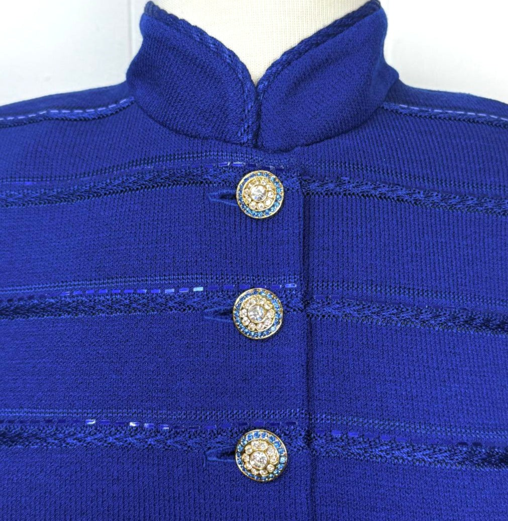St. John Royal Blue Santana Knit Evening Jacket - Crystal Buttons & Paillette Stripes - Size 6