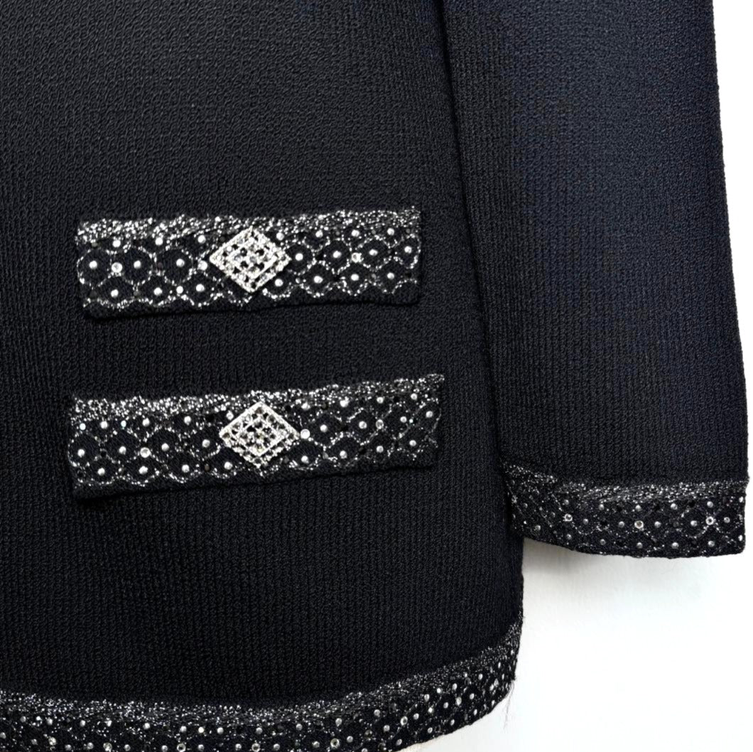 St. John Long Black Santana Knit Evening Jacket - Silver & Black Paillettes – Size 6, 8, 10