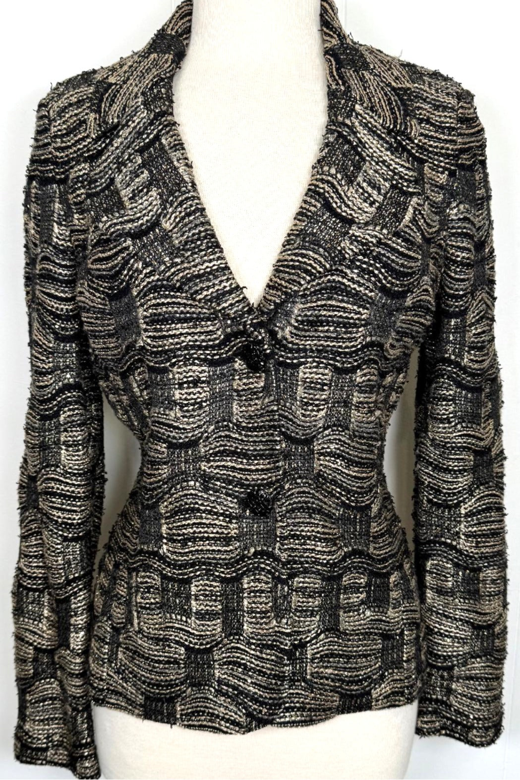 St. John Textured Knit Evening Jacket – Black & Gold with Crystal Buttons - Size 8 and 12