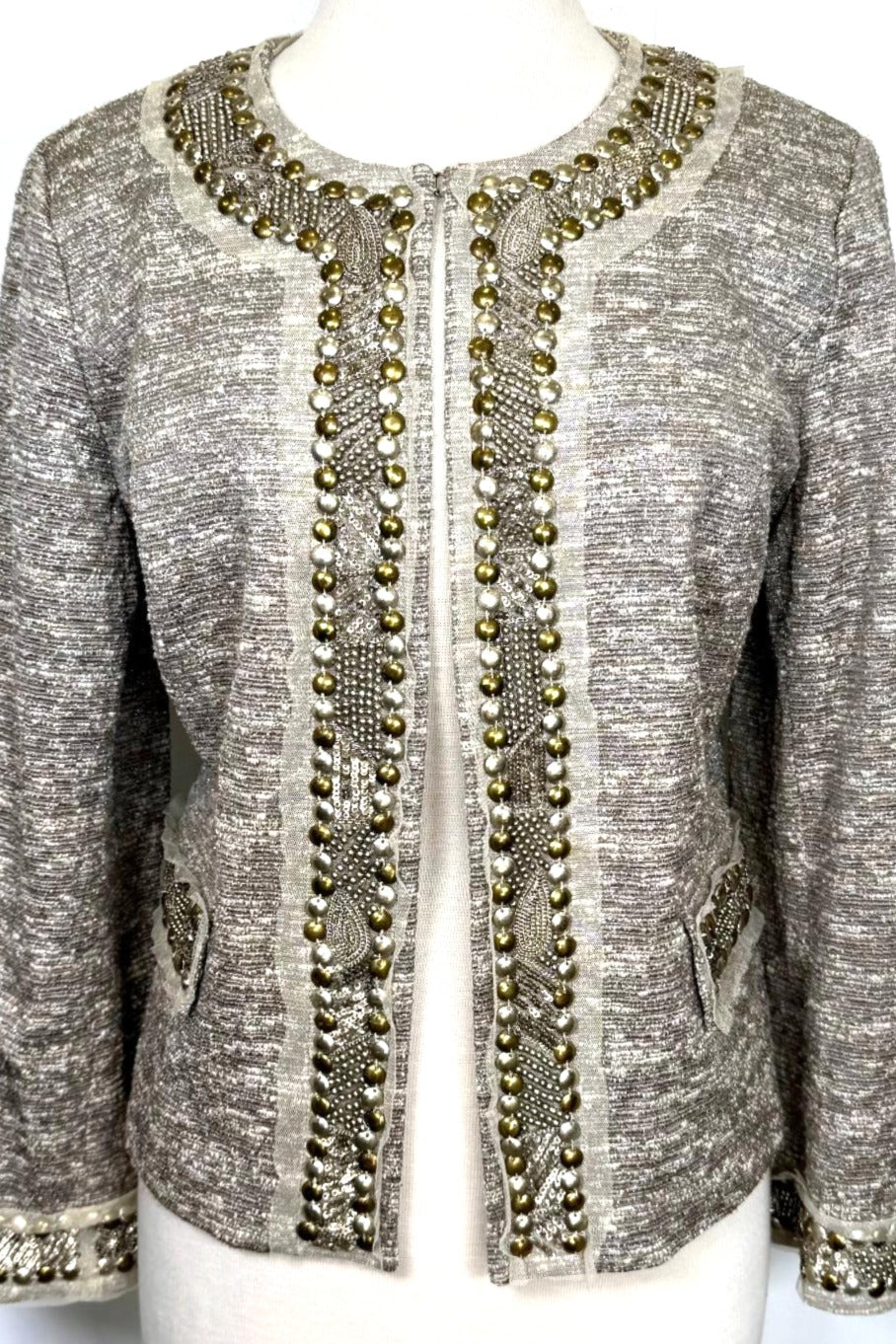 St. John Couture Embellished Trim Evening Jacket – Taupe & Bronze Accents - Size 10