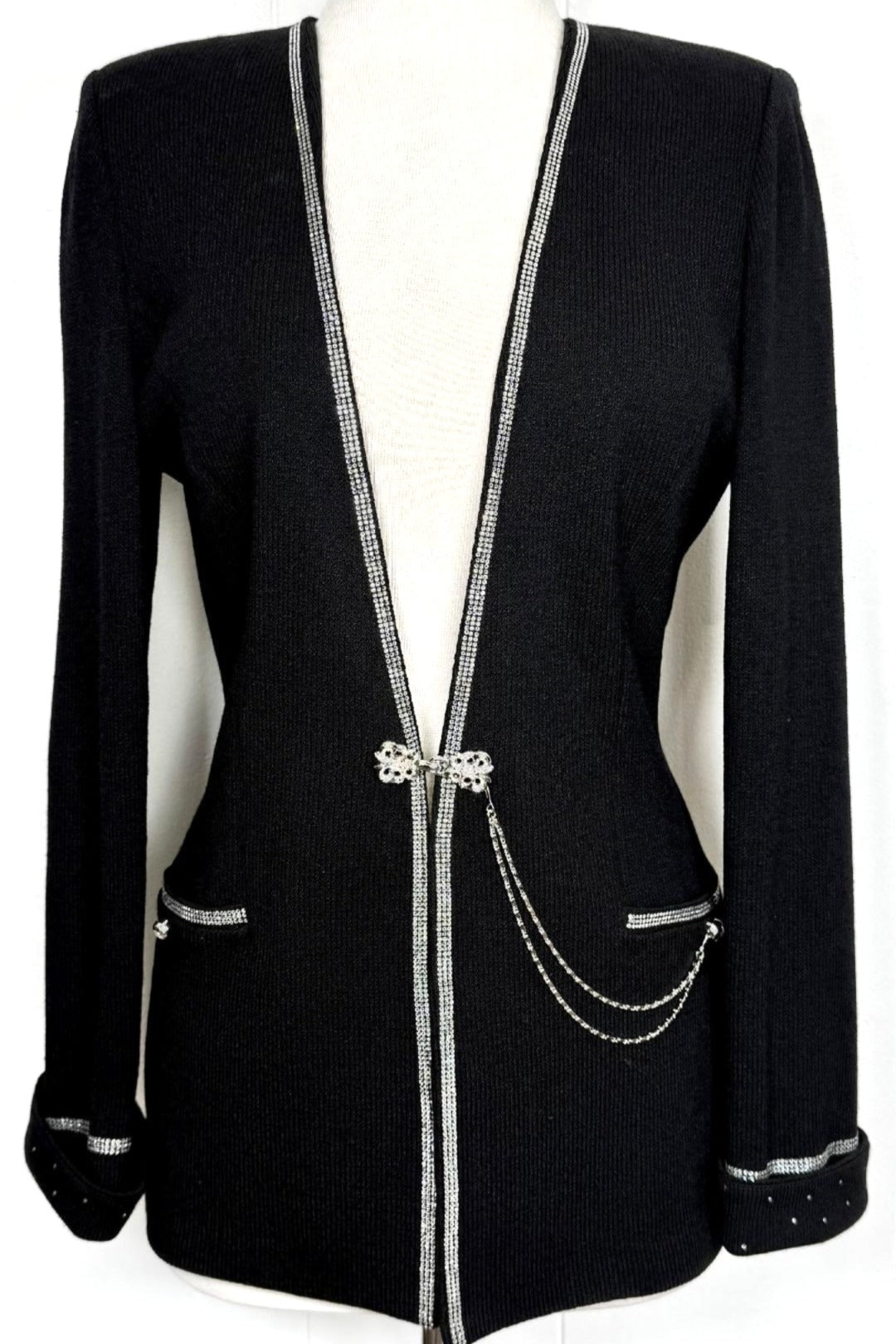St. John Black Santana Knit Evening Jacket with Crystal Trim & Chain Detail - Size 8