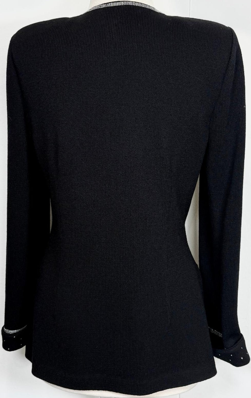 St. John Black Santana Knit Evening Jacket with Crystal Trim & Chain Detail - Size 8