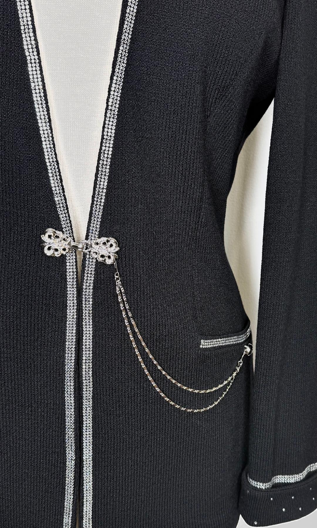 St. John Black Santana Knit Evening Jacket with Crystal Trim & Chain Detail - Size 8