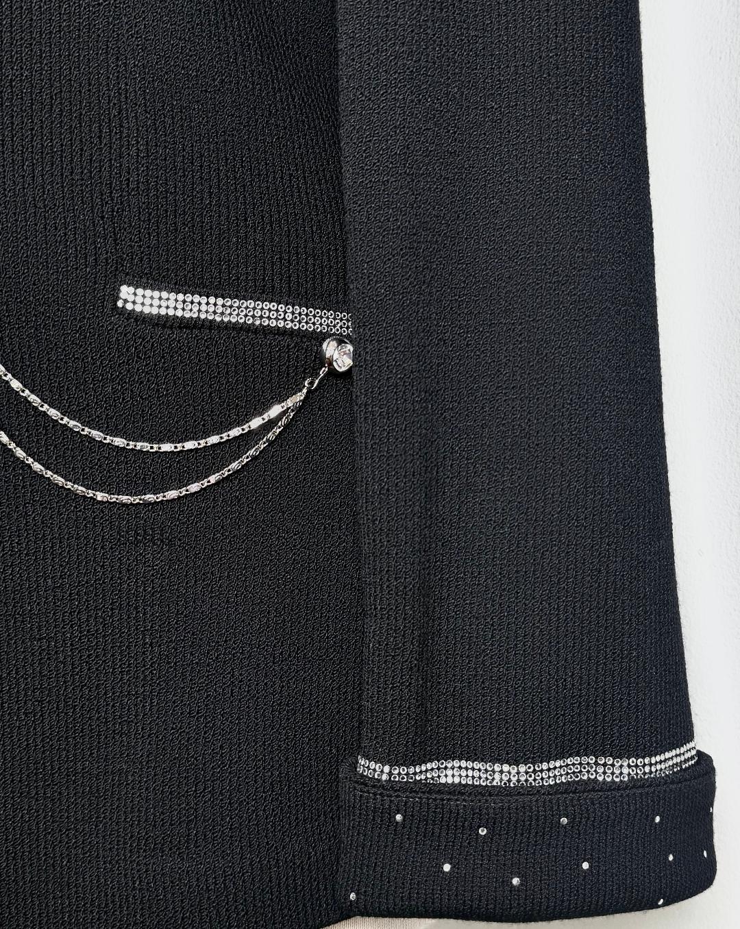 St. John Black Santana Knit Evening Jacket with Crystal Trim & Chain Detail - Size 8