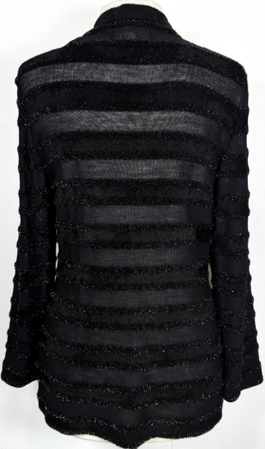 St. John Black Santana Knit Evening Jacket - Fuzzy Stripes & Crystal Buttons - Size 8