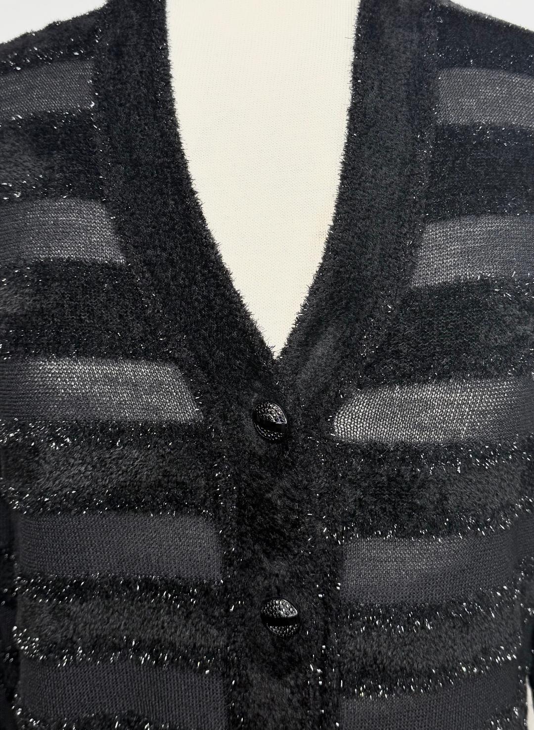 St. John Black Santana Knit Evening Jacket - Fuzzy Stripes & Crystal Buttons - Size 8