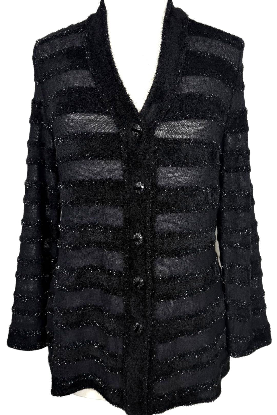 St. John Black Santana Knit Evening Jacket - Fuzzy Stripes & Crystal Buttons - Size 8