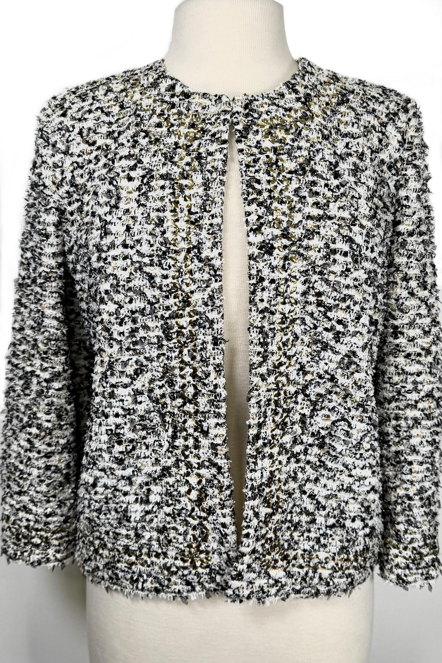 St. John Couture Black & White Eyelash Knit Jacket - Gold Paillettes and Silk Lining - Size 10