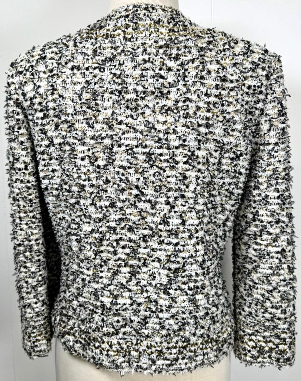 St. John Couture Black & White Eyelash Knit Jacket - Gold Paillettes and Silk Lining - Size 10