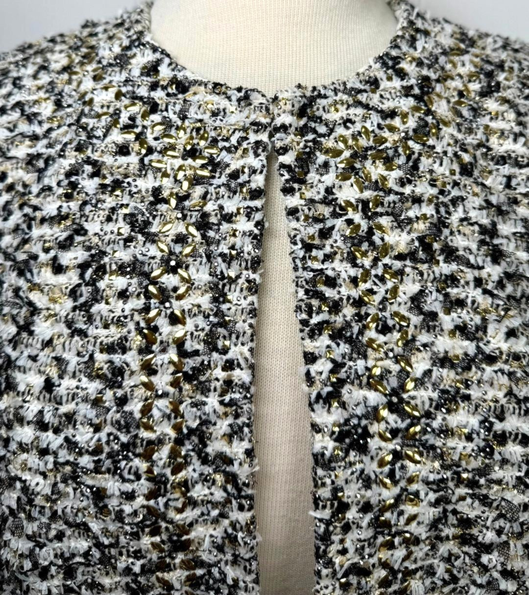 St. John Couture Black & White Eyelash Knit Jacket - Gold Paillettes and Silk Lining - Size 10